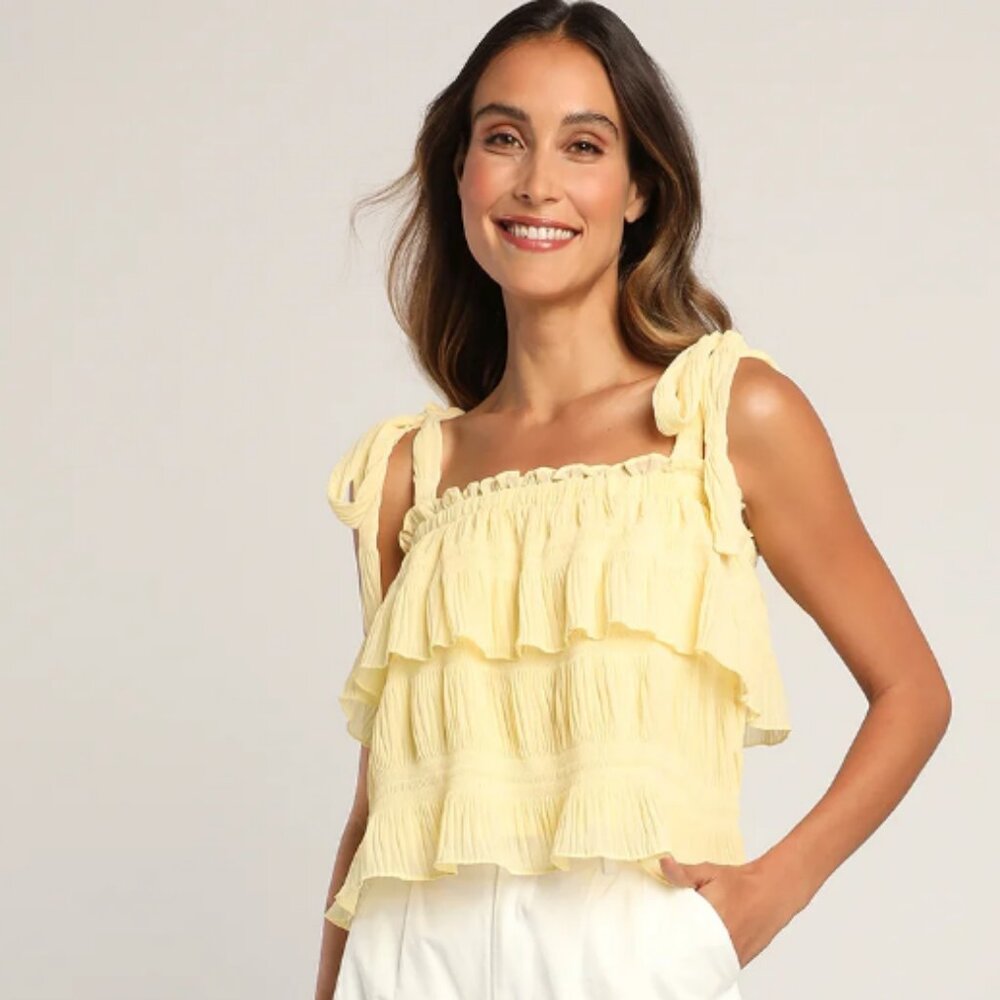 Lulu's Tiers to Summer Yellow Tie-Strap Tiered Tank Top - Yellow Size M